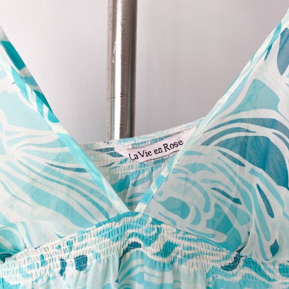 🌿 Turquoise Blue Sheer Midi Baby Doll Lingerie Dress w Floral Print - Picture 5 of 5